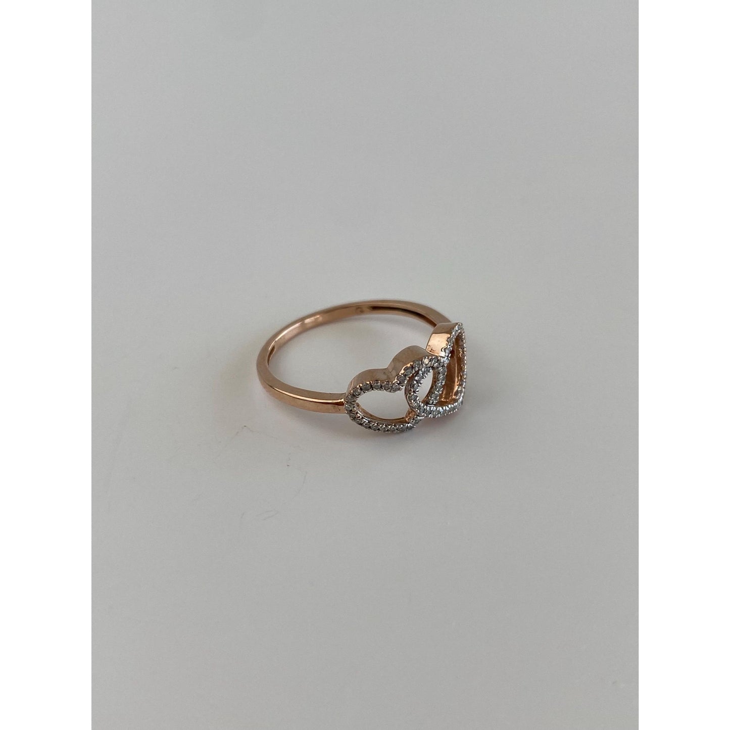 Vintage Solid 10k Rose Gold Clear Sapphire Hearts Ring - Size 7