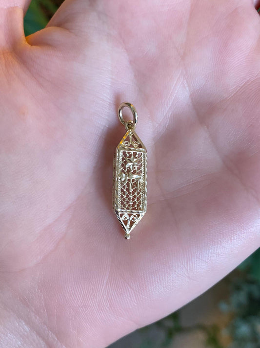 Vintage Solid 12k Yellow Gold Chai Filigree Charm