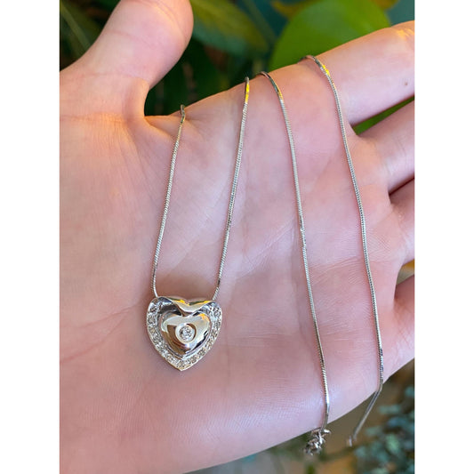 Vintage Solid 14k White Gold Diamond Heart Snake Chain Necklace - 16.5 inches