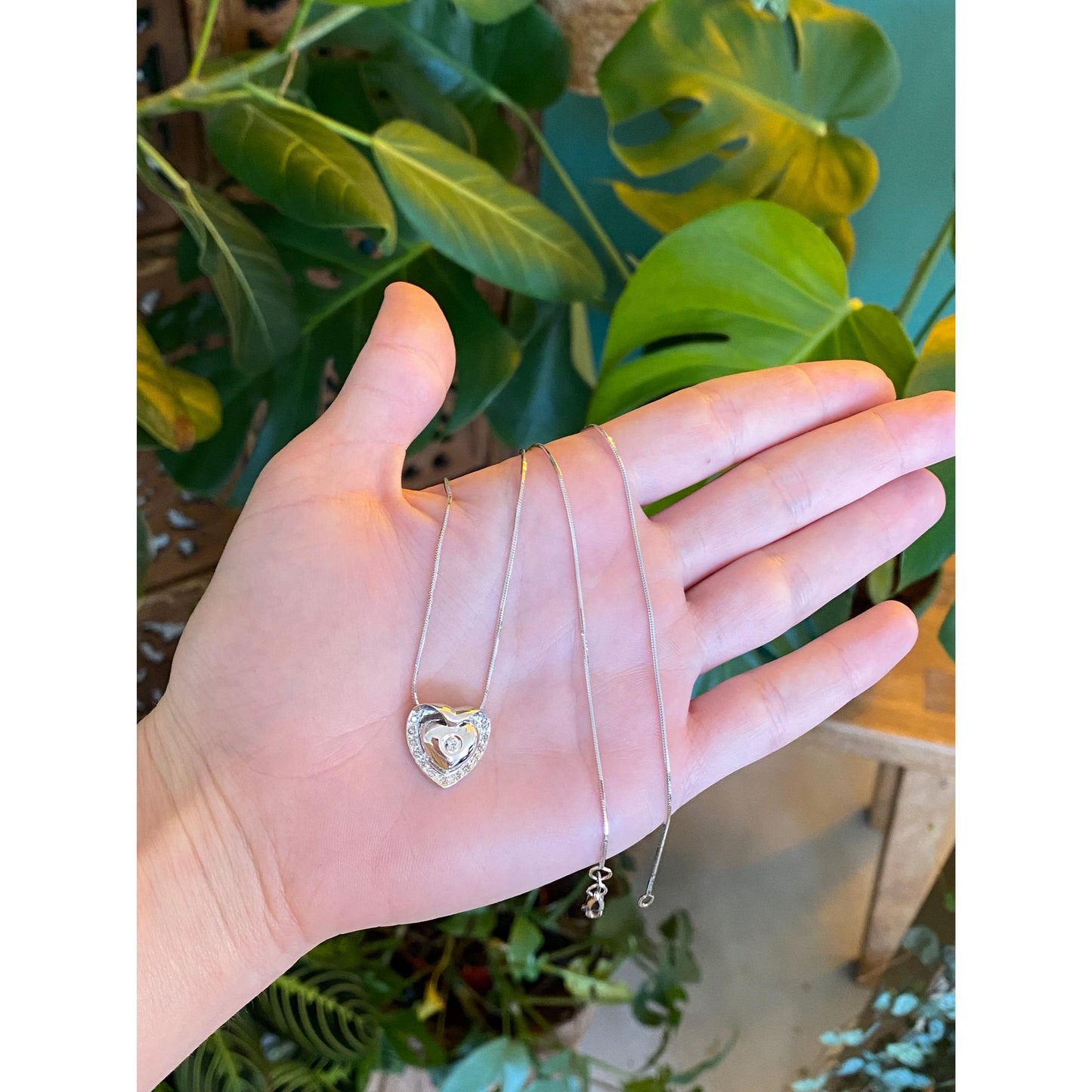 Vintage Solid 14k White Gold Diamond Heart Snake Chain Necklace - 16.5 inches