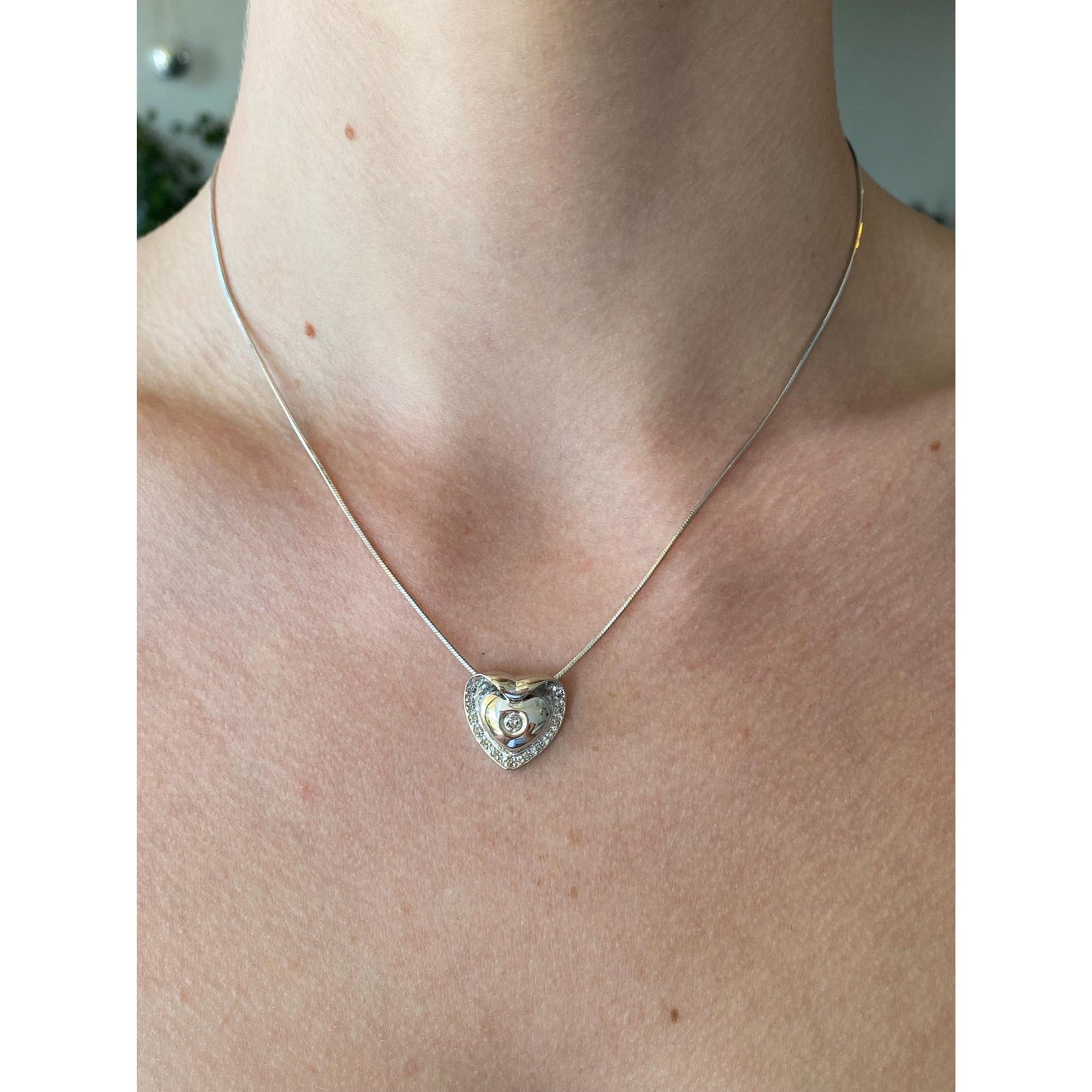 Vintage Solid 14k White Gold Diamond Heart Snake Chain Necklace - 16.5 inches