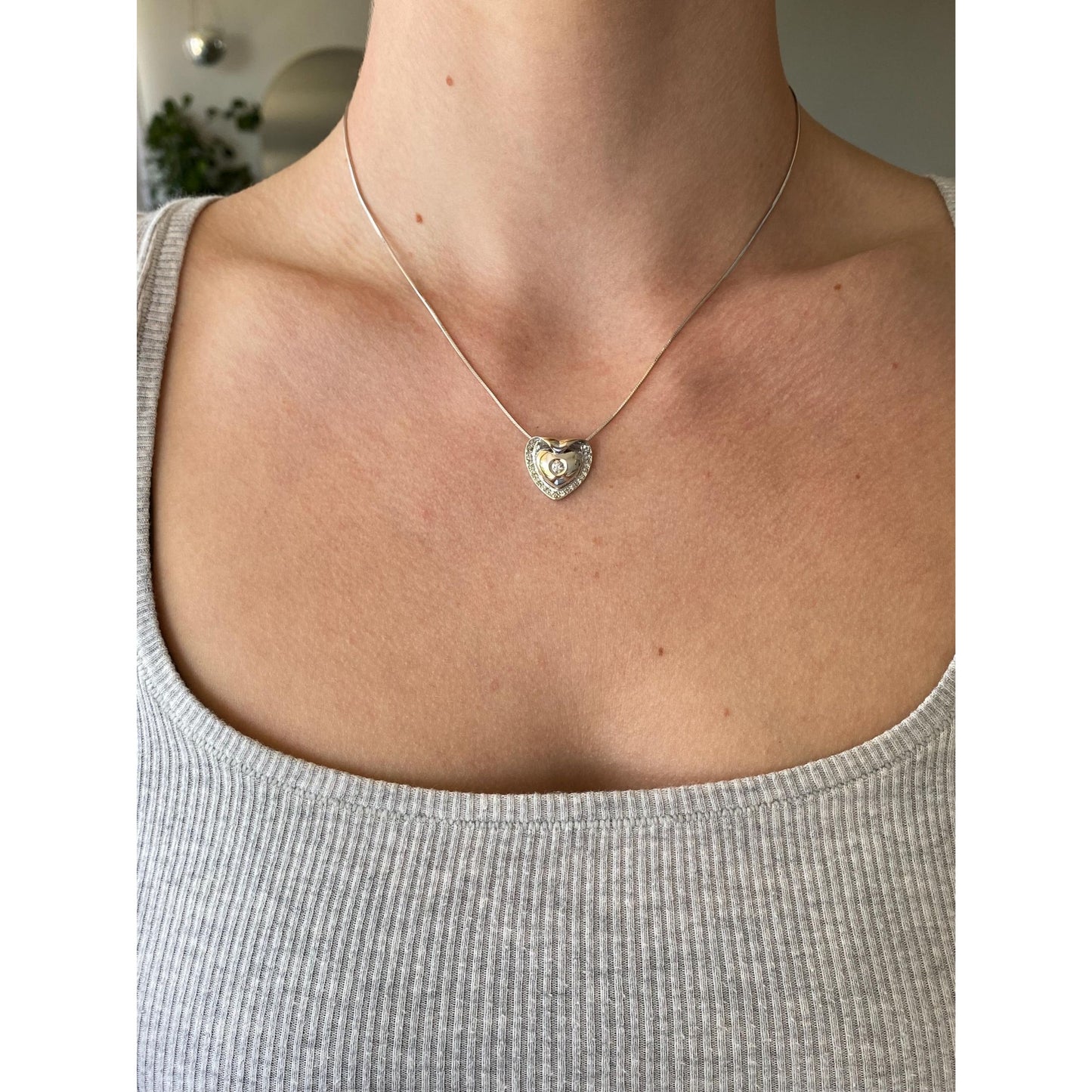 Vintage Solid 14k White Gold Diamond Heart Snake Chain Necklace - 16.5 inches