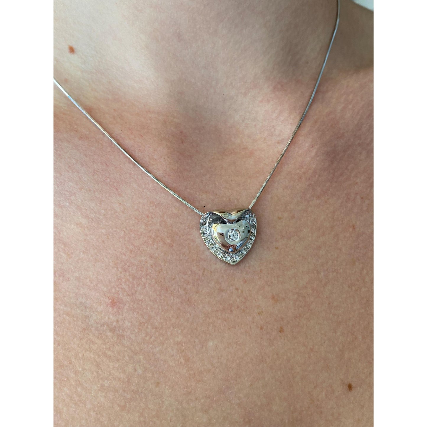 Vintage Solid 14k White Gold Diamond Heart Snake Chain Necklace - 16.5 inches