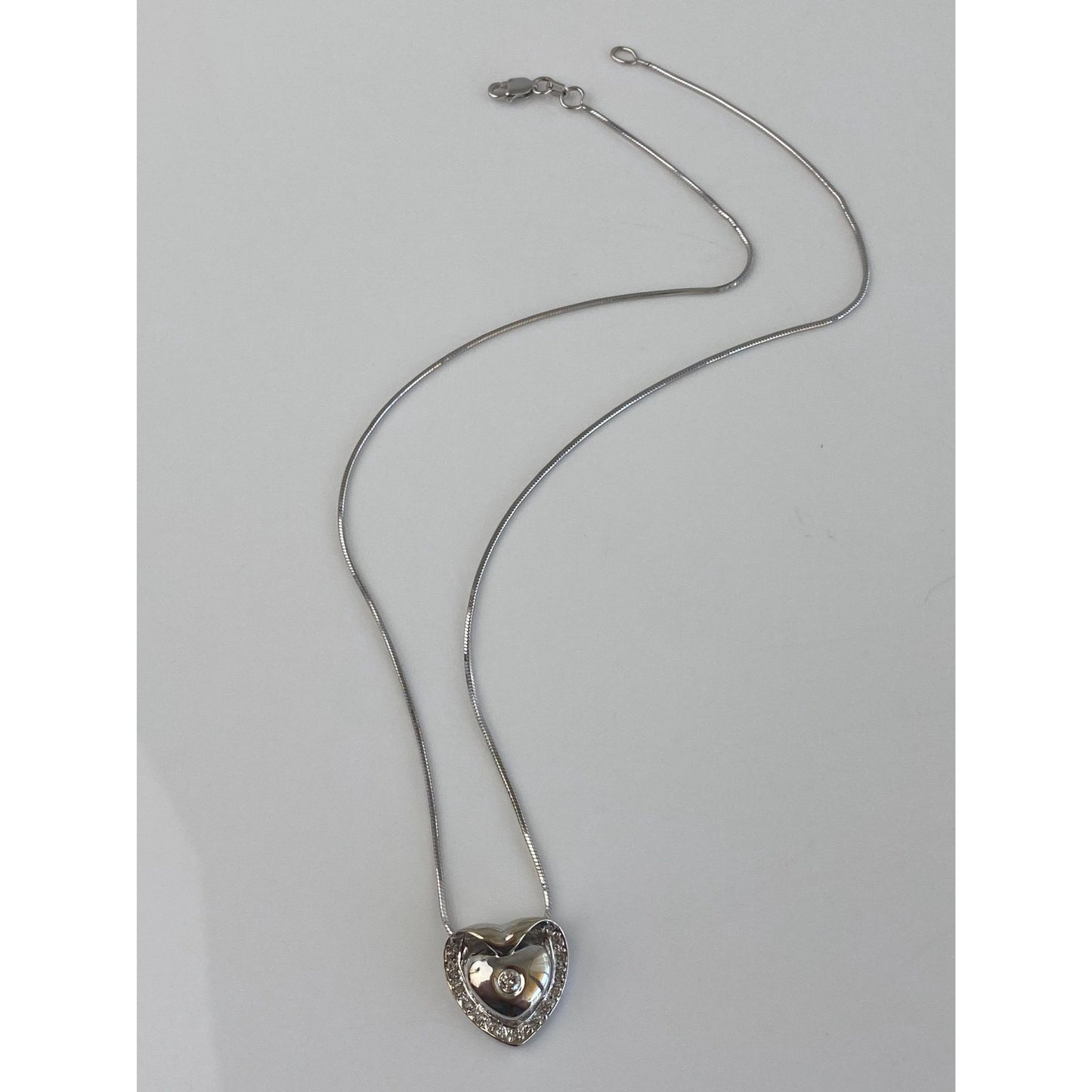Vintage Solid 14k White Gold Diamond Heart Snake Chain Necklace - 16.5 inches