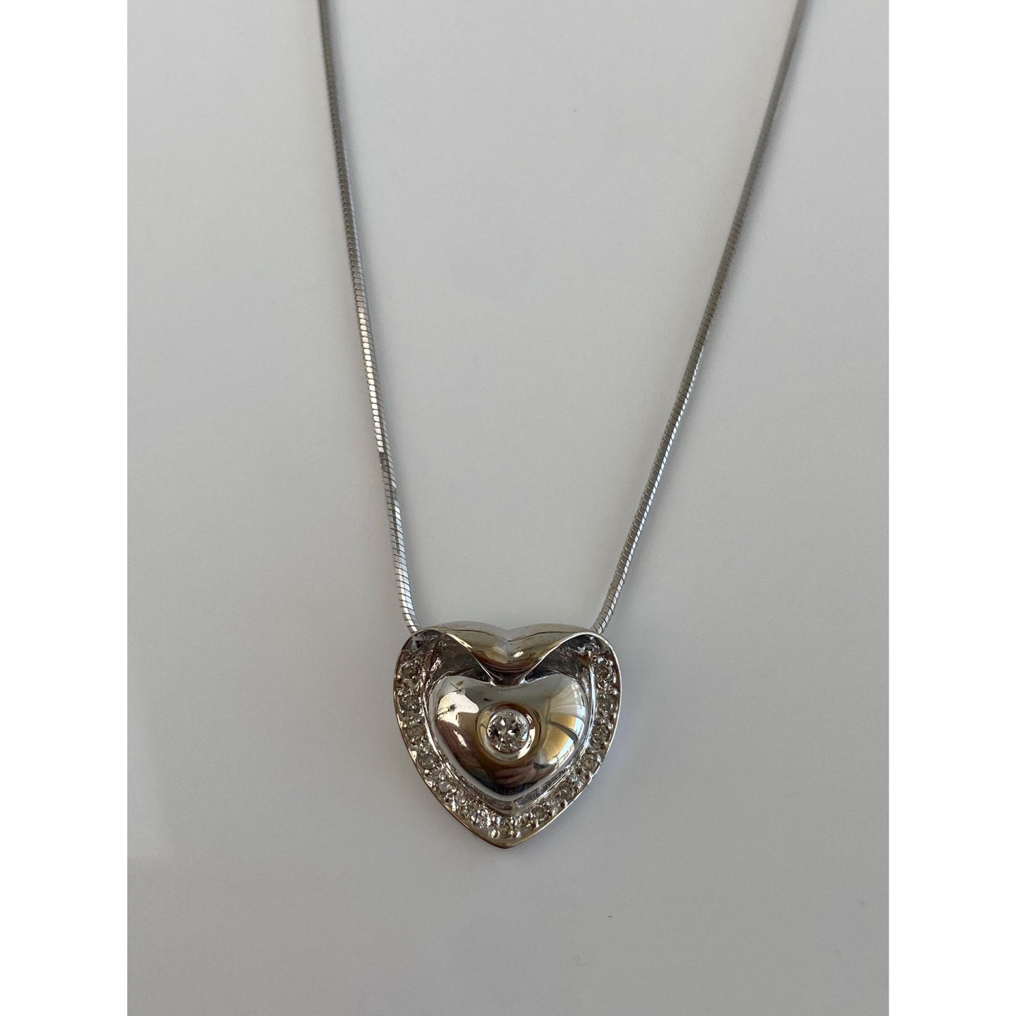 Vintage Solid 14k White Gold Diamond Heart Snake Chain Necklace - 16.5 inches
