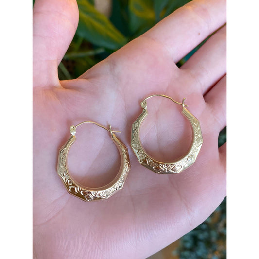 Vintage 10k Yellow Gold Pattern Hoop Earrings