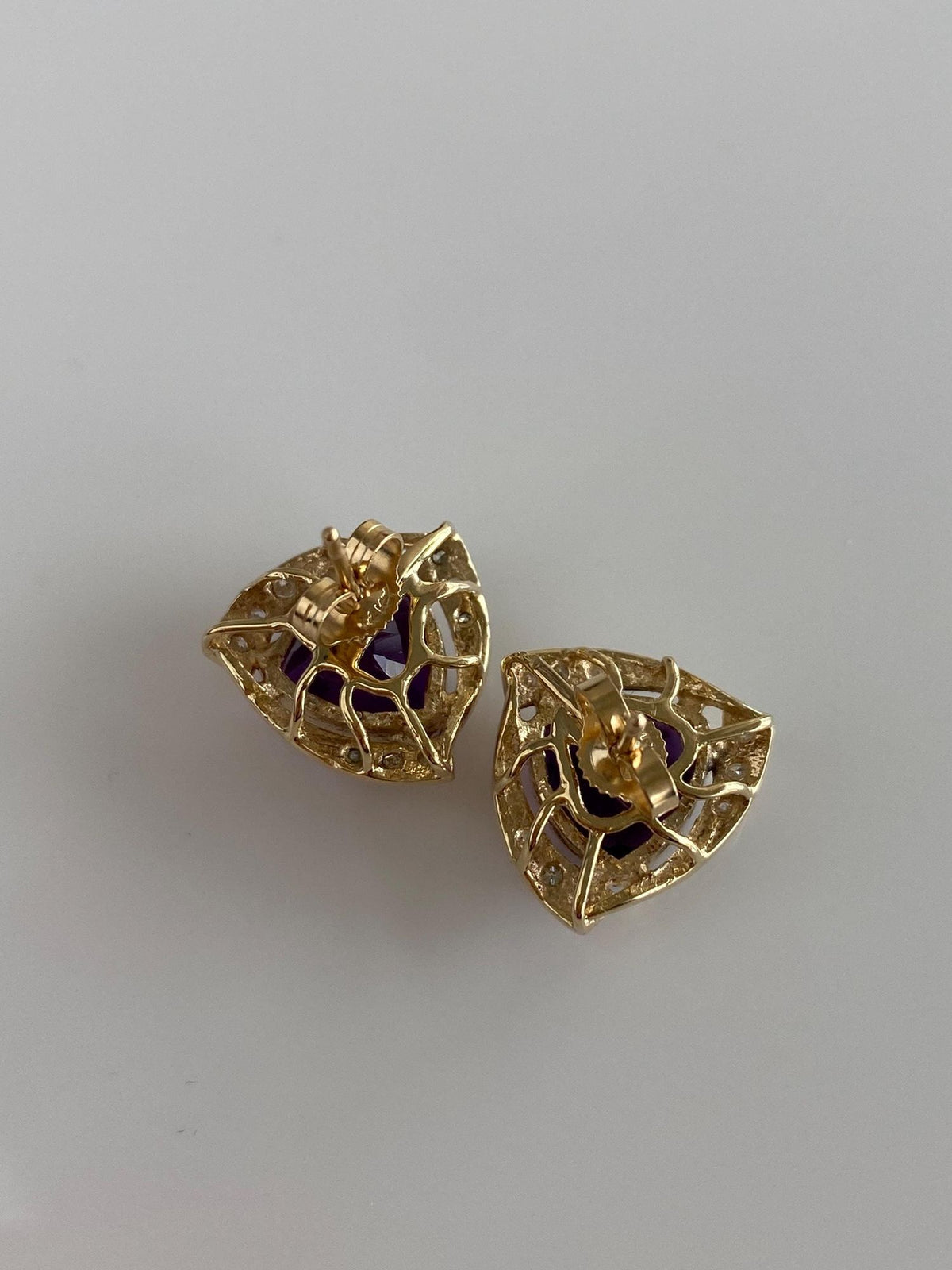 Vintage Solid 14k Yellow Gold Amethyst Diamonds Stud Earrings