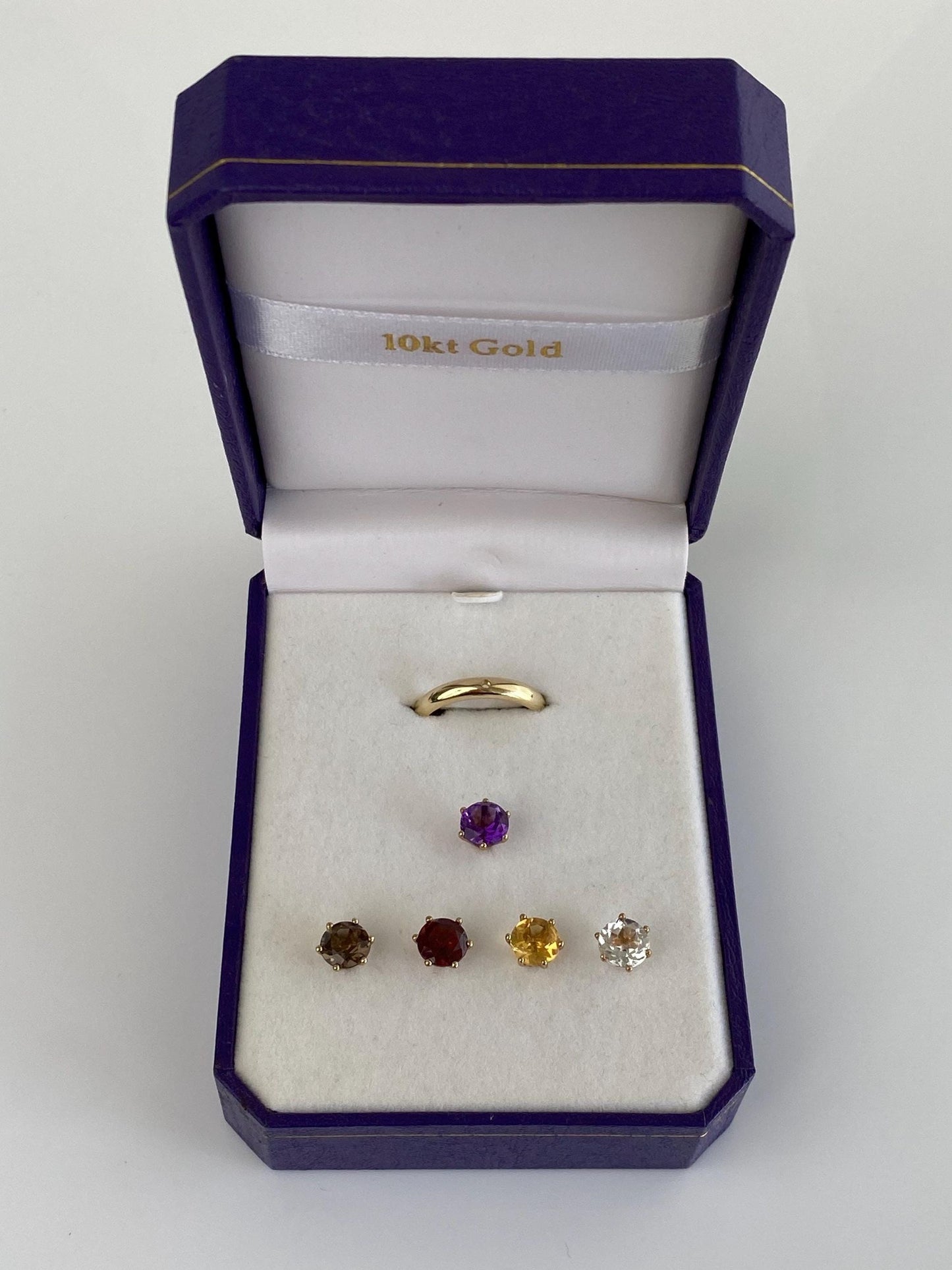 Vintage Solid 10k Yellow Gold Ring Band w/ Interchangeable Amethyst, Smokey Quartz, Garnet, Citrine & Clear Sapphire Gems - Size 7.75