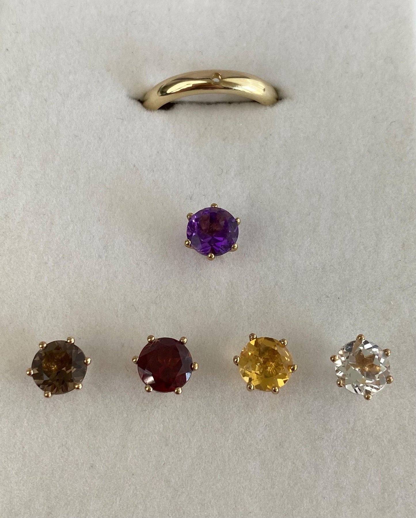Vintage Solid 10k Yellow Gold Ring Band w/ Interchangeable Amethyst, Smokey Quartz, Garnet, Citrine & Clear Sapphire Gems - Size 7.75