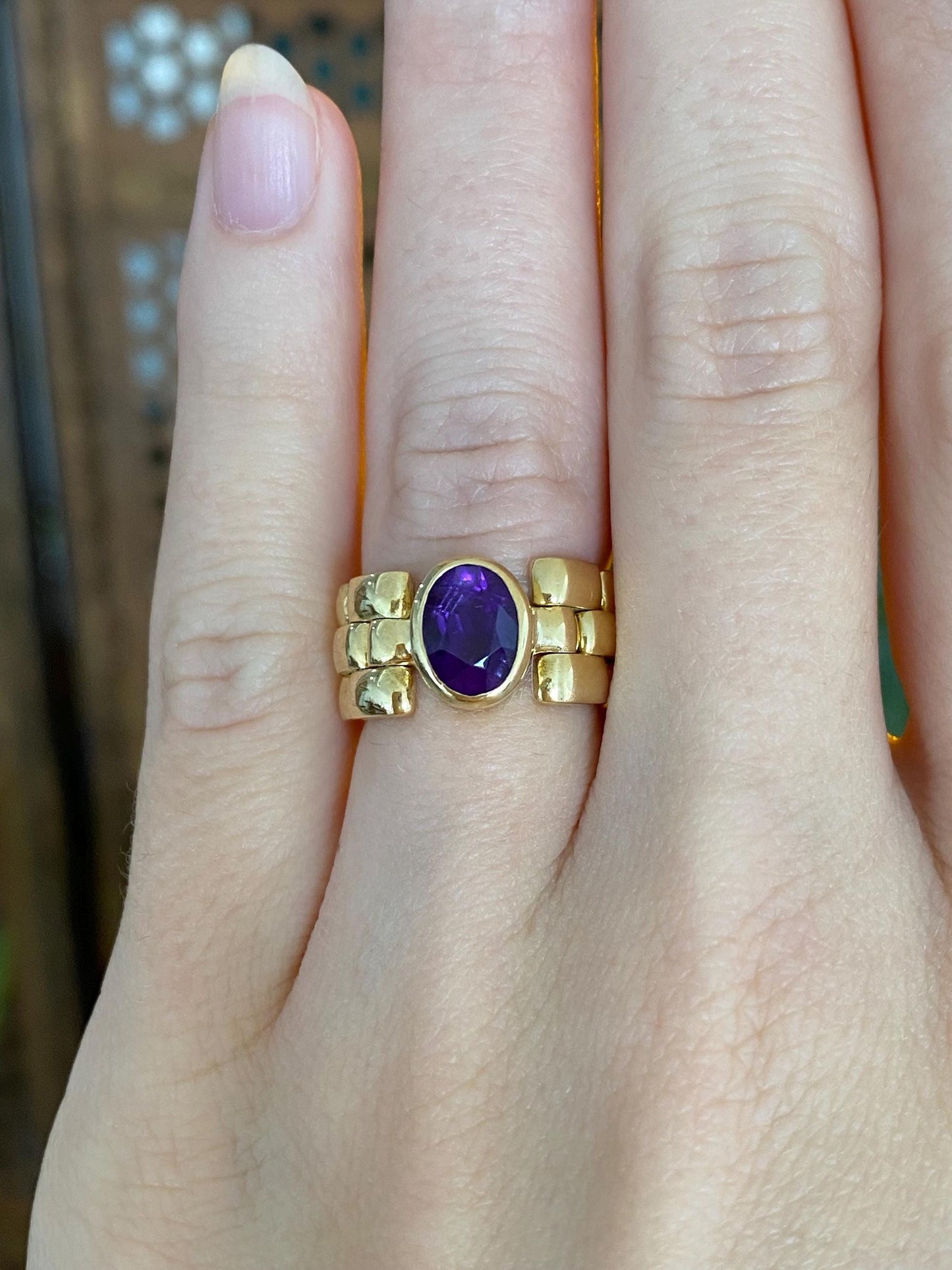 Vintage Solid 18k Yellow Gold Amethyst Watch Band Style Ring Band - Size 5.5