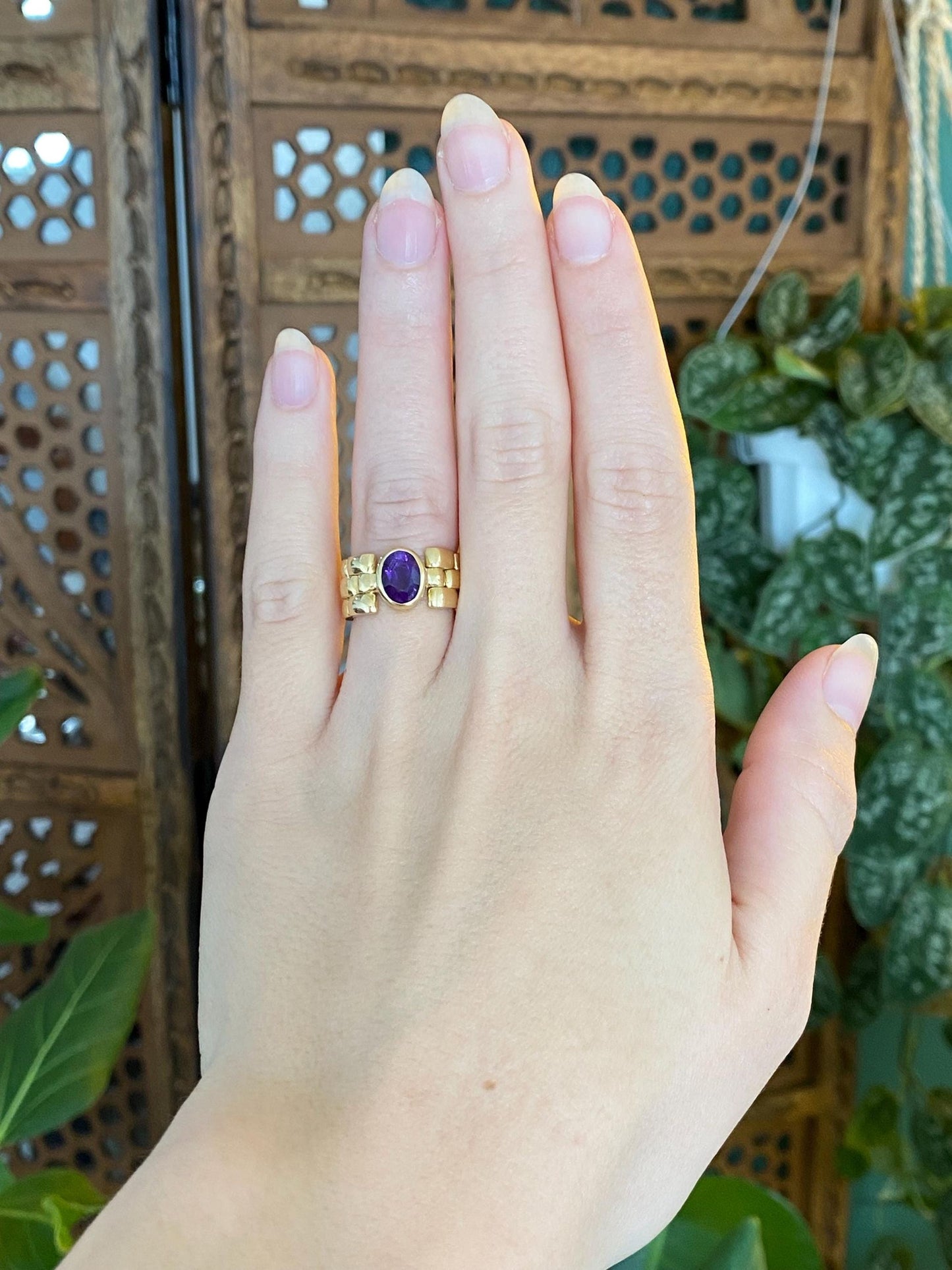 Vintage Solid 18k Yellow Gold Amethyst Watch Band Style Ring Band - Size 5.5
