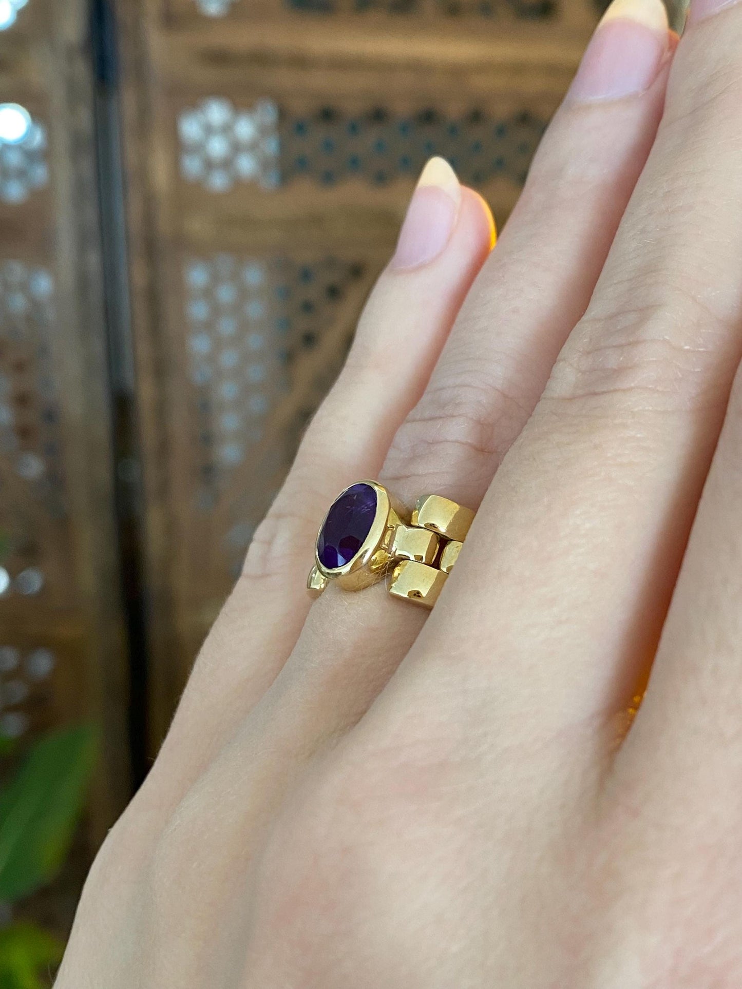 Vintage Solid 18k Yellow Gold Amethyst Watch Band Style Ring Band - Size 5.5