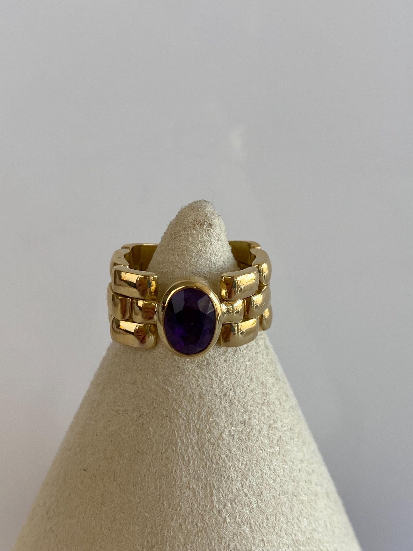 Vintage Solid 18k Yellow Gold Amethyst Watch Band Style Ring Band - Size 5.5