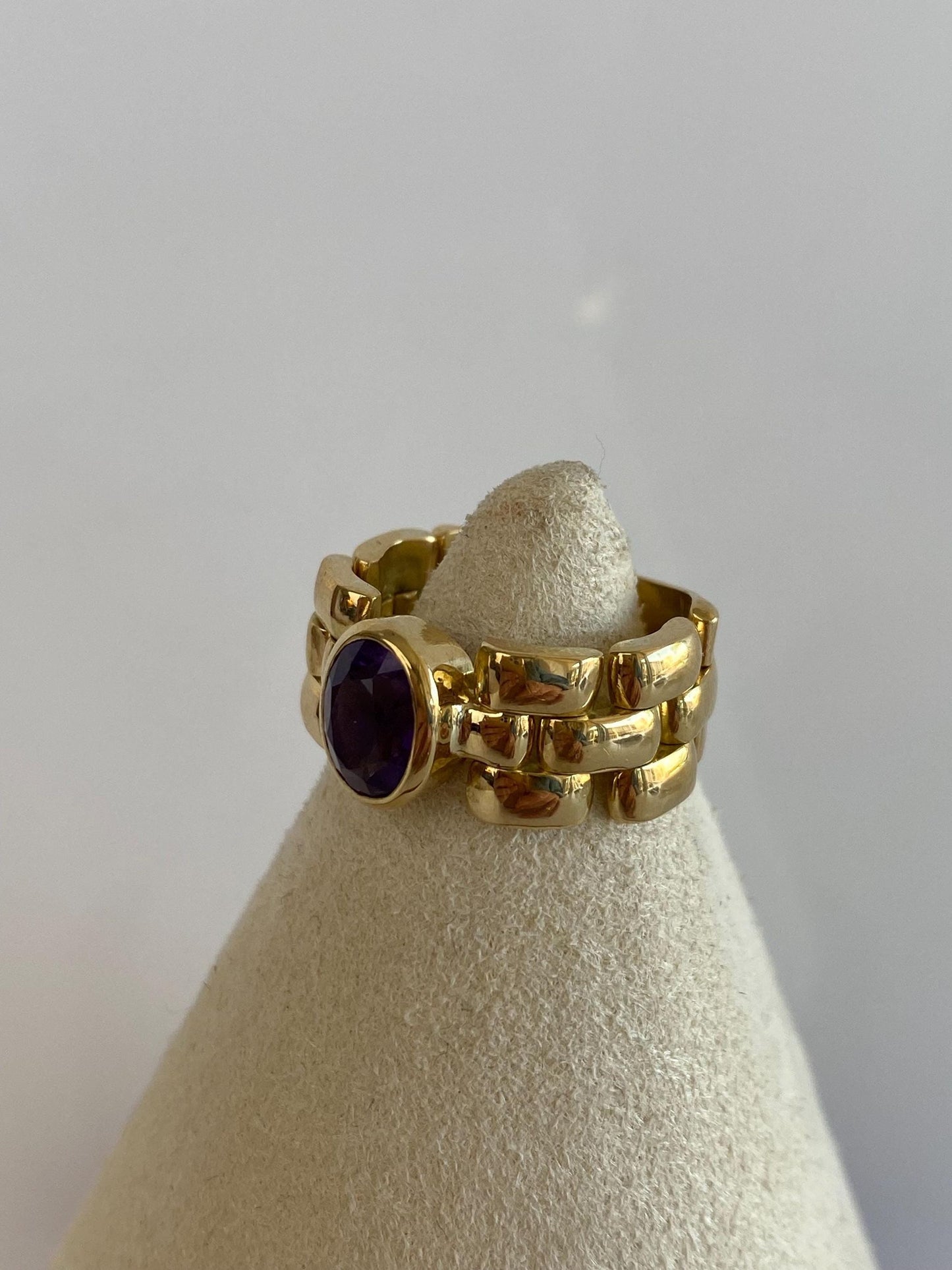 Vintage Solid 18k Yellow Gold Amethyst Watch Band Style Ring Band - Size 5.5