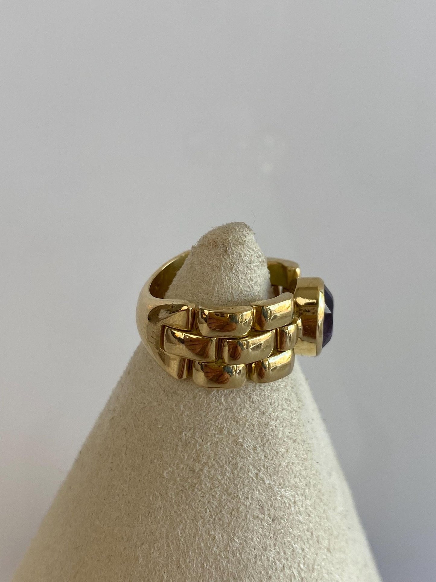 Vintage Solid 18k Yellow Gold Amethyst Watch Band Style Ring Band - Size 5.5