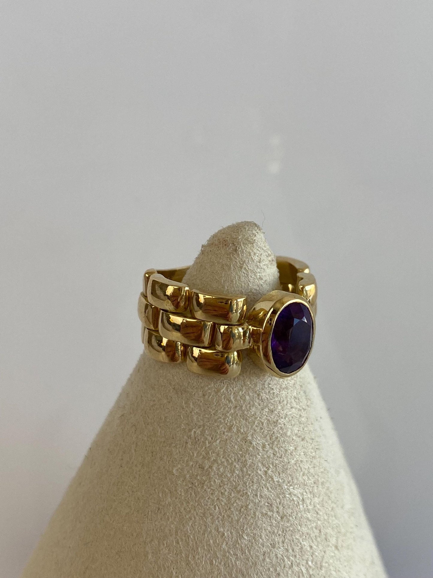 Vintage Solid 18k Yellow Gold Amethyst Watch Band Style Ring Band - Size 5.5