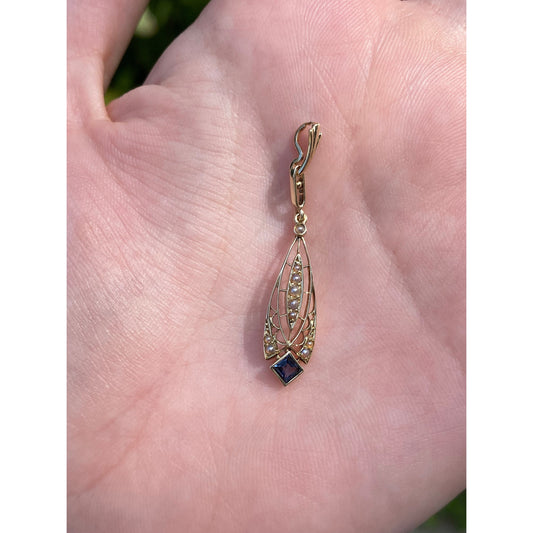 Vintage Solid 14k Yellow Gold Topaz Seed Pearl Charm