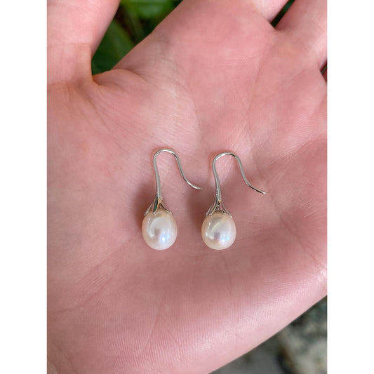 Vintage Solid 14k White Gold Pearl Dangle Earrings