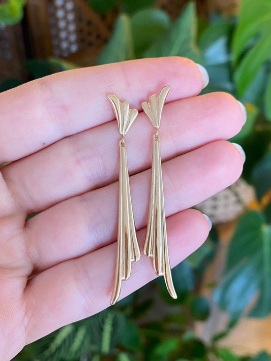 Vintage Solid 14k Yellow Gold Fluted Dangle Stud Earrings