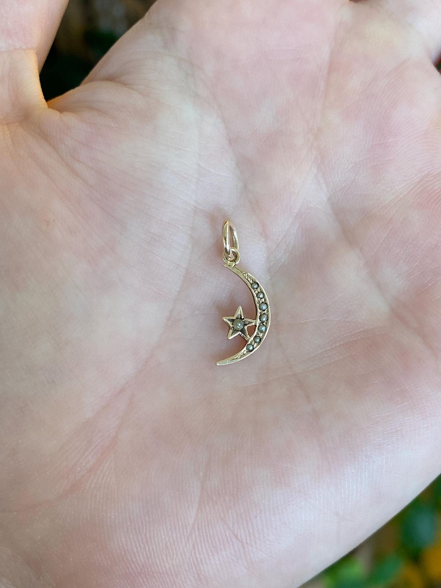 Vintage 9k Yellow Gold Seed Pearls Crescent Moon Star Stick Pin Conversion Charm