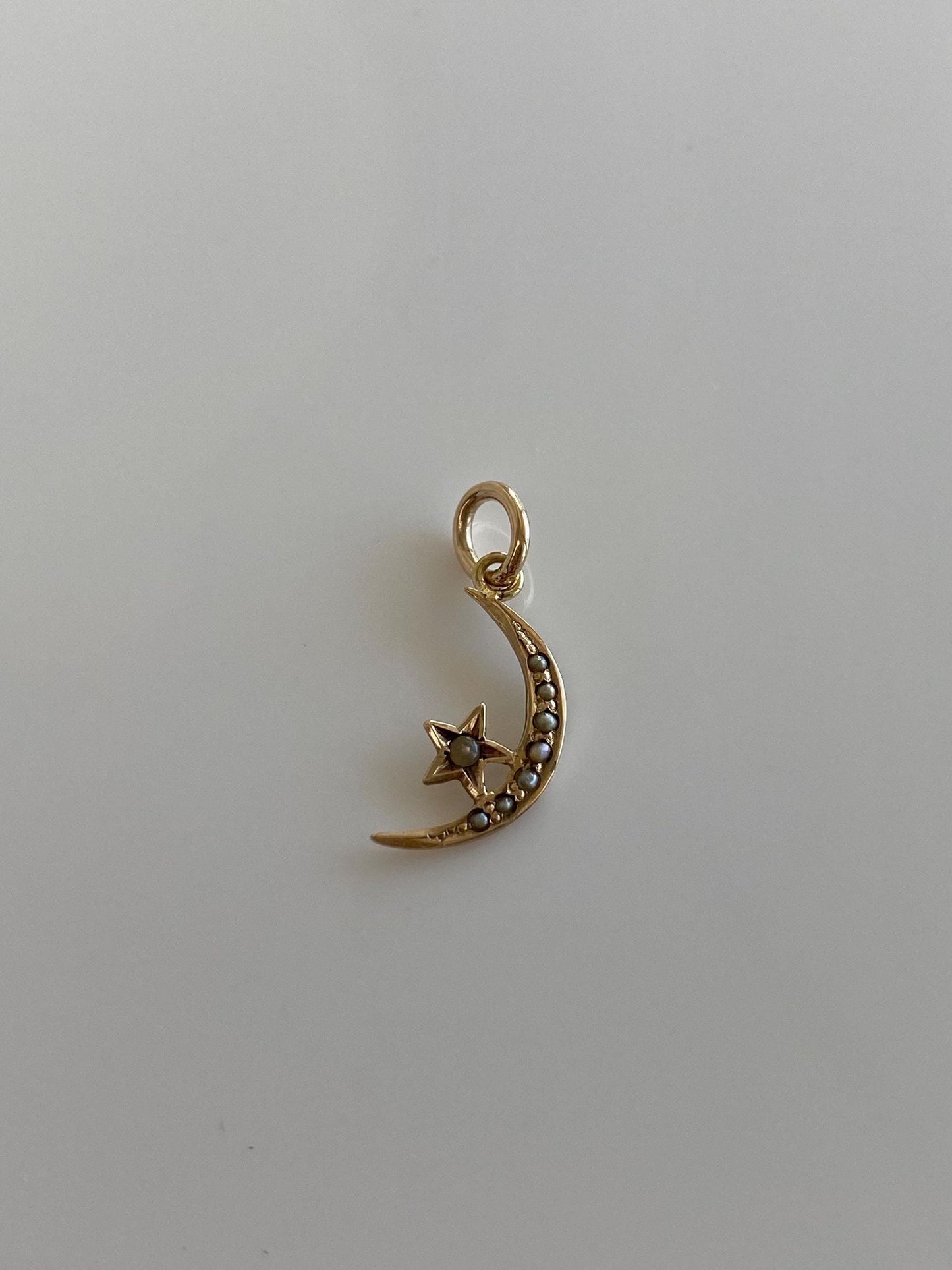 Vintage 9k Yellow Gold Seed Pearls Crescent Moon Star Stick Pin Conversion Charm