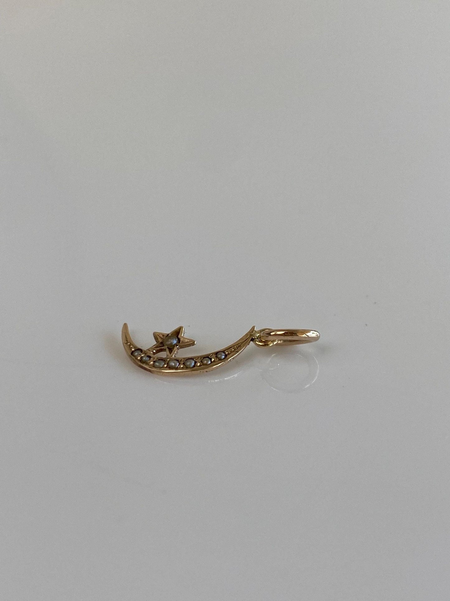 Vintage 9k Yellow Gold Seed Pearls Crescent Moon Star Stick Pin Conversion Charm