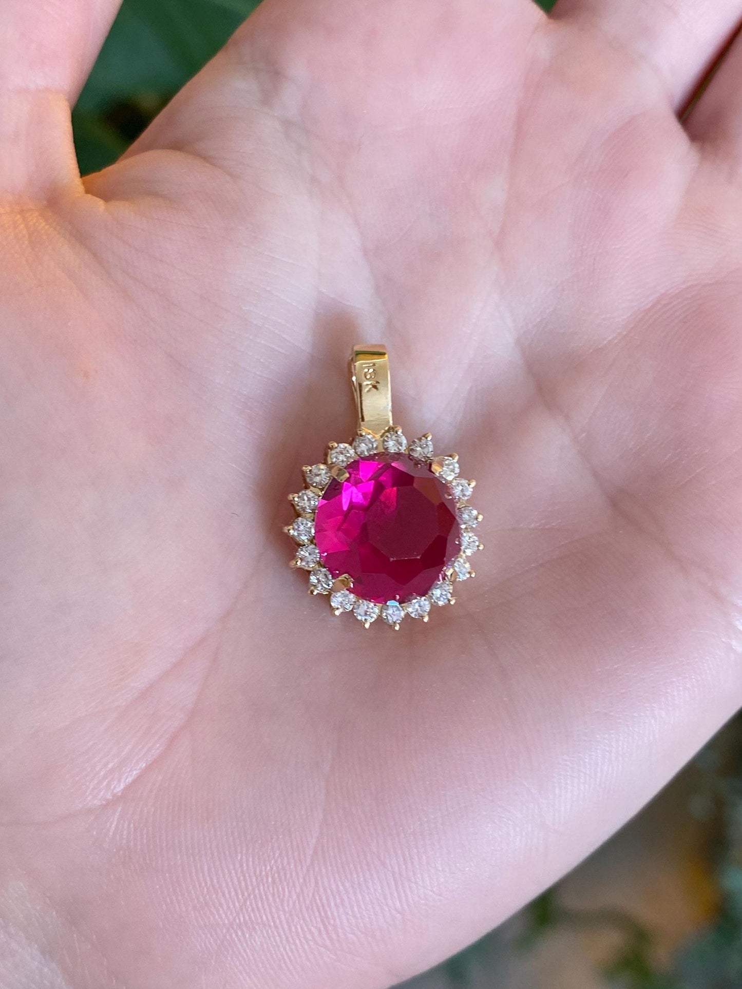 Vintage Solid 18k Yellow Gold Diamond Halo Fancy Cut Pink Sapphire Charm