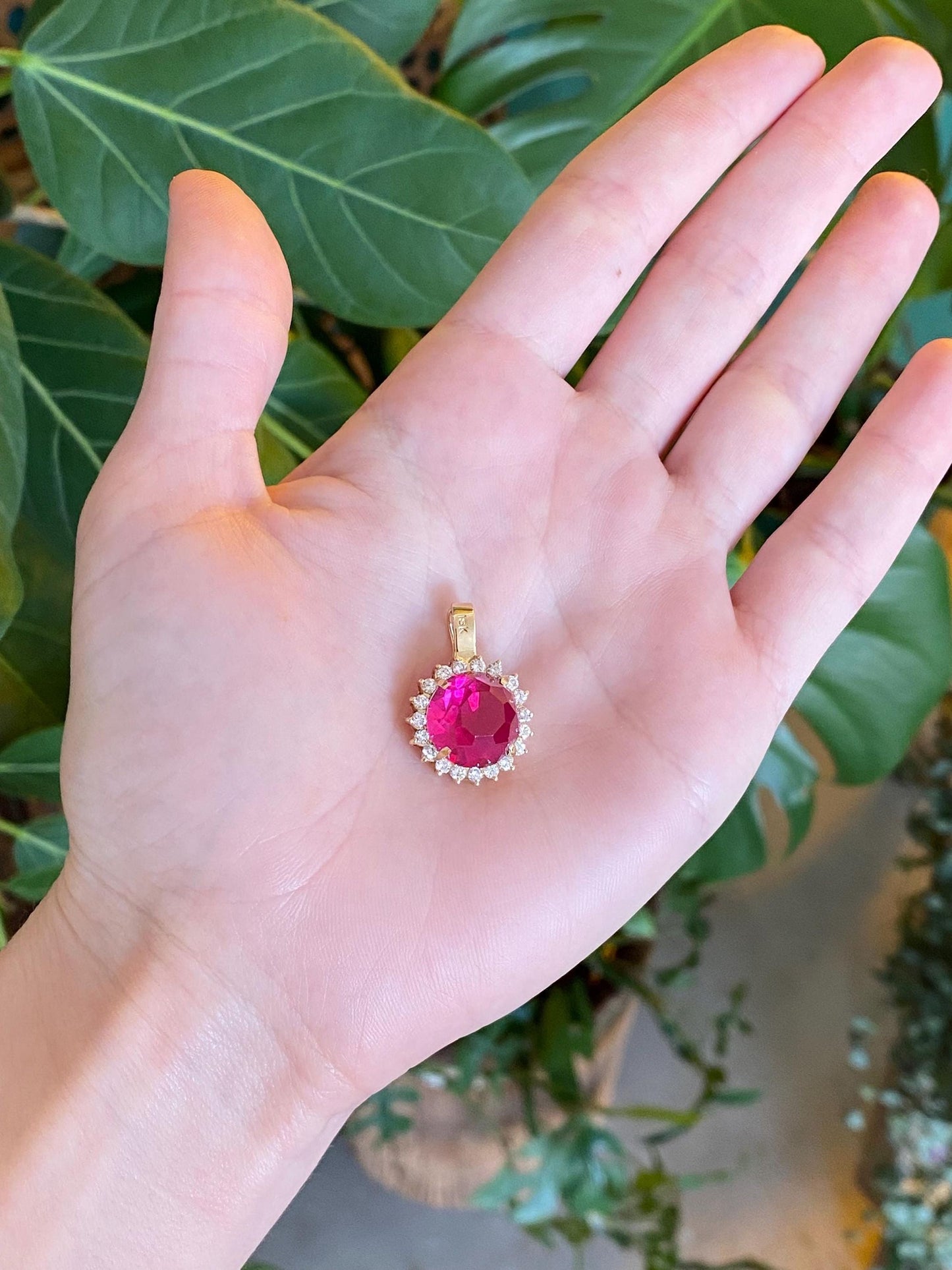 Vintage Solid 18k Yellow Gold Diamond Halo Fancy Cut Pink Sapphire Charm