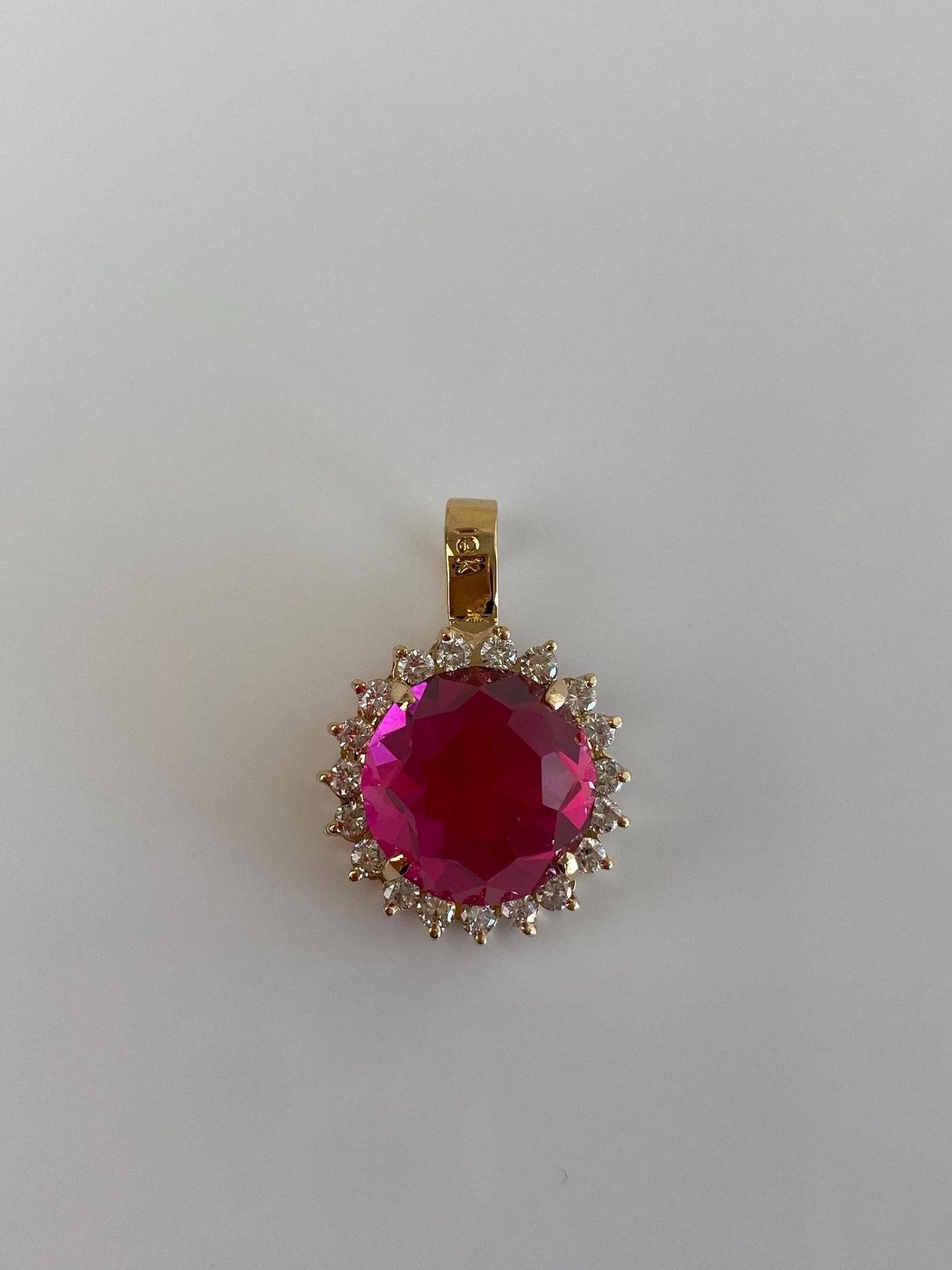 Vintage Solid 18k Yellow Gold Diamond Halo Fancy Cut Pink Sapphire Charm