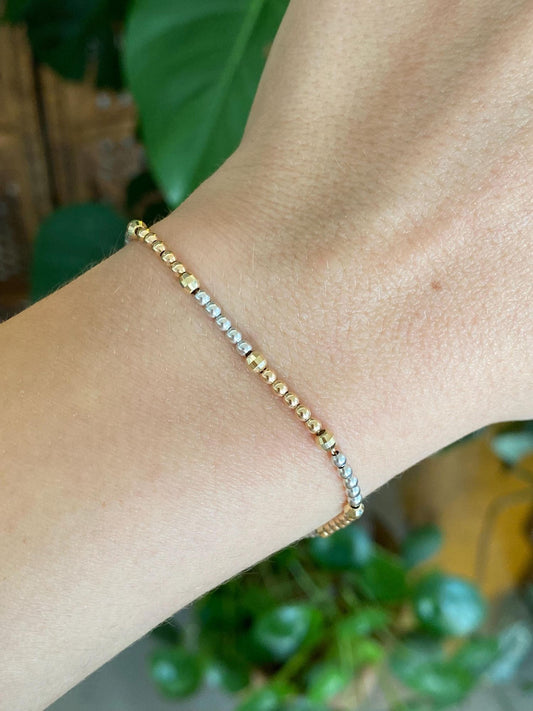 Vintage Solid 14k Tri Tone Gold Faceted Gold Ball Tight Biker Chain Bracelet - 7 Inches