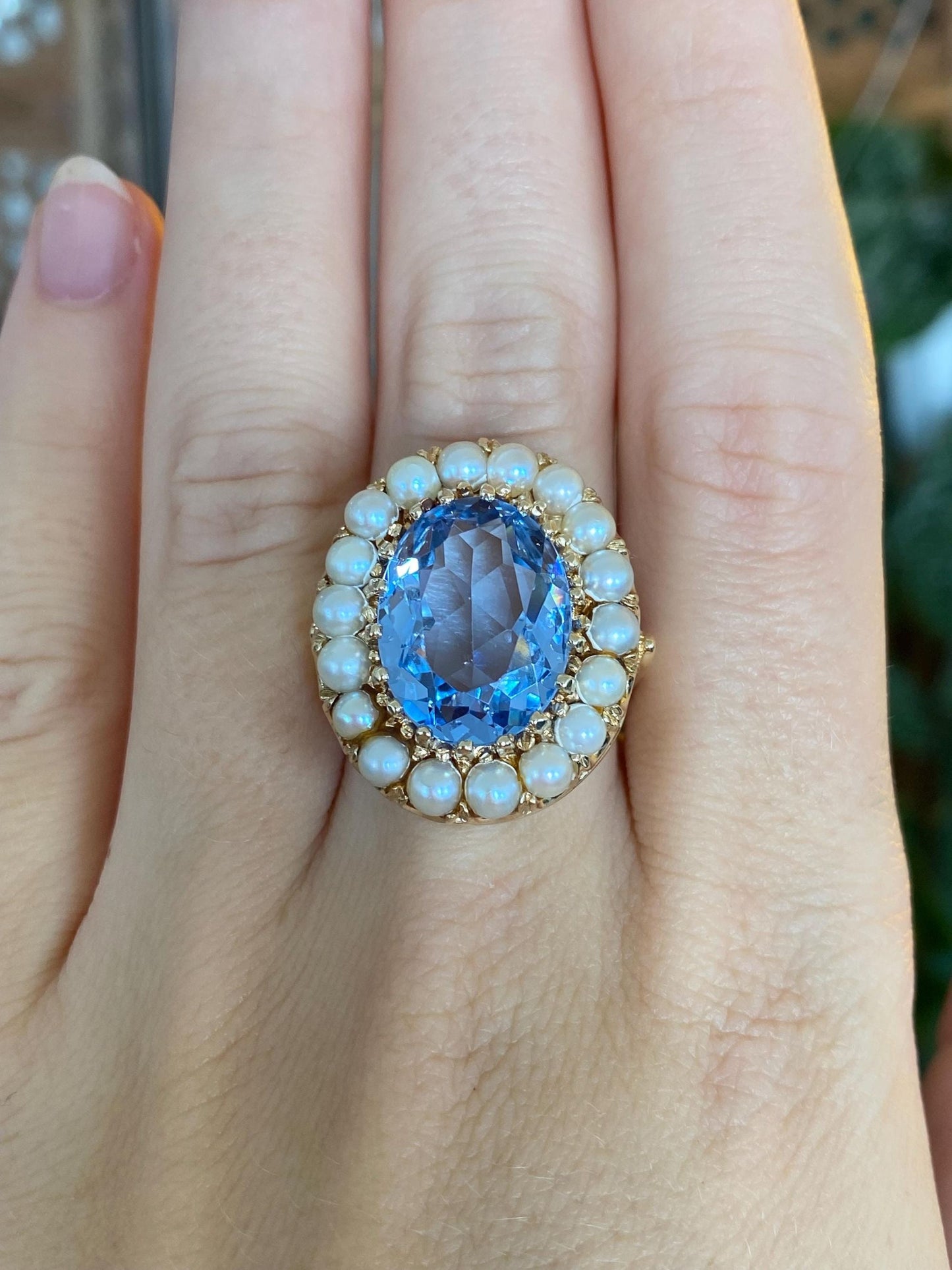 Vintage Solid 14k Yellow Gold Pearl Halo Topaz Ring - Size 6.75