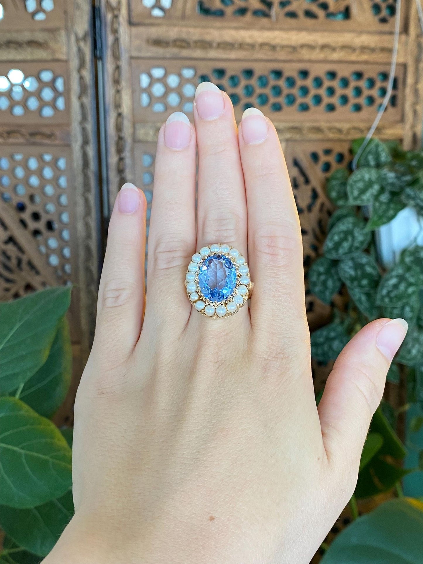 Vintage Solid 14k Yellow Gold Pearl Halo Topaz Ring - Size 6.75