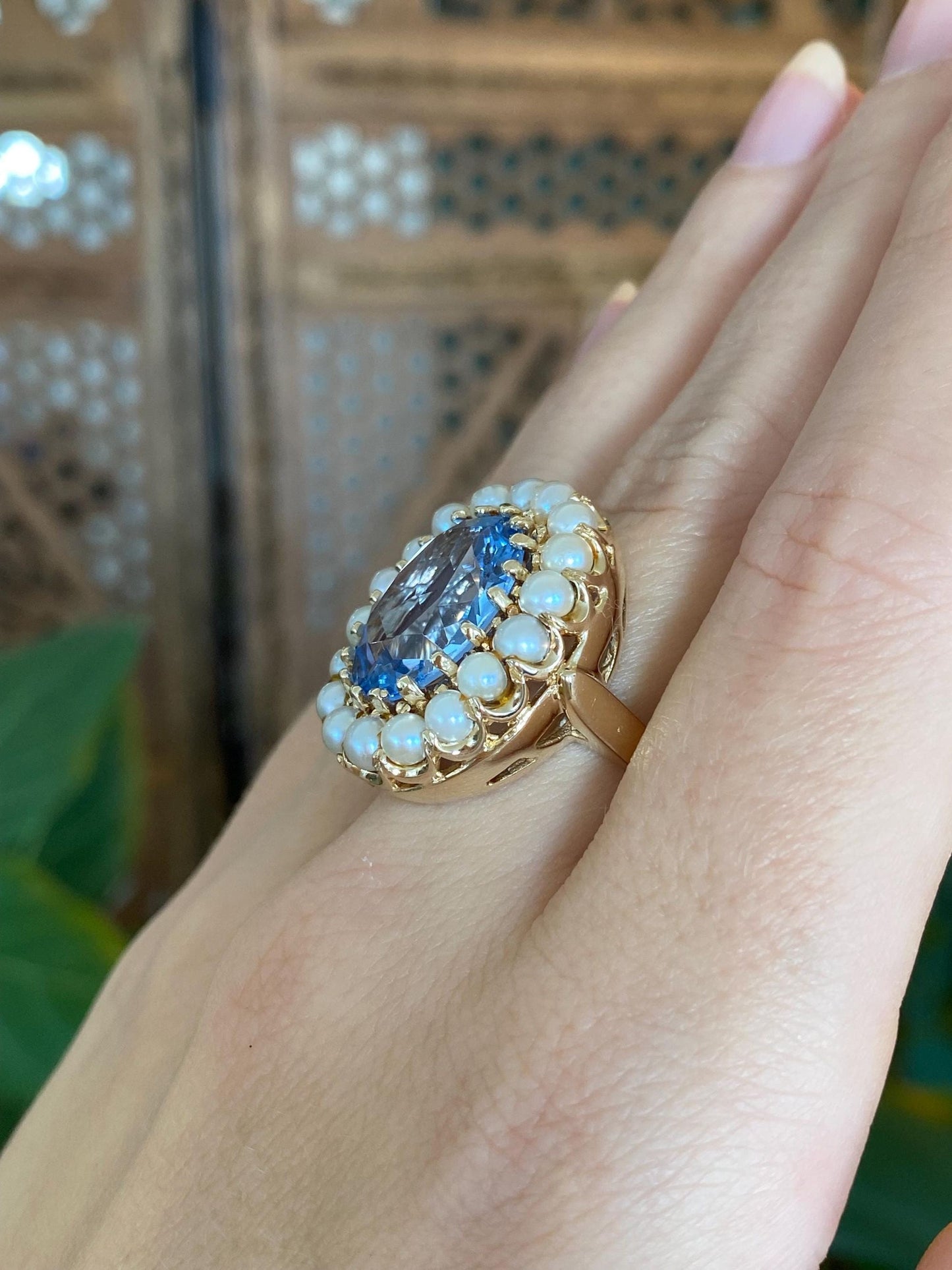 Vintage Solid 14k Yellow Gold Pearl Halo Topaz Ring - Size 6.75