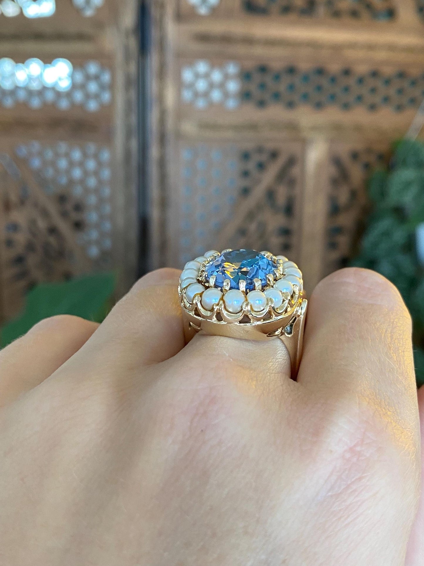 Vintage Solid 14k Yellow Gold Pearl Halo Topaz Ring - Size 6.75
