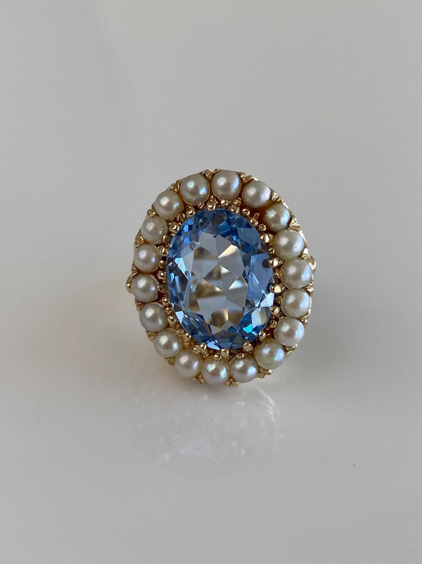 Vintage Solid 14k Yellow Gold Pearl Halo Topaz Ring - Size 6.75