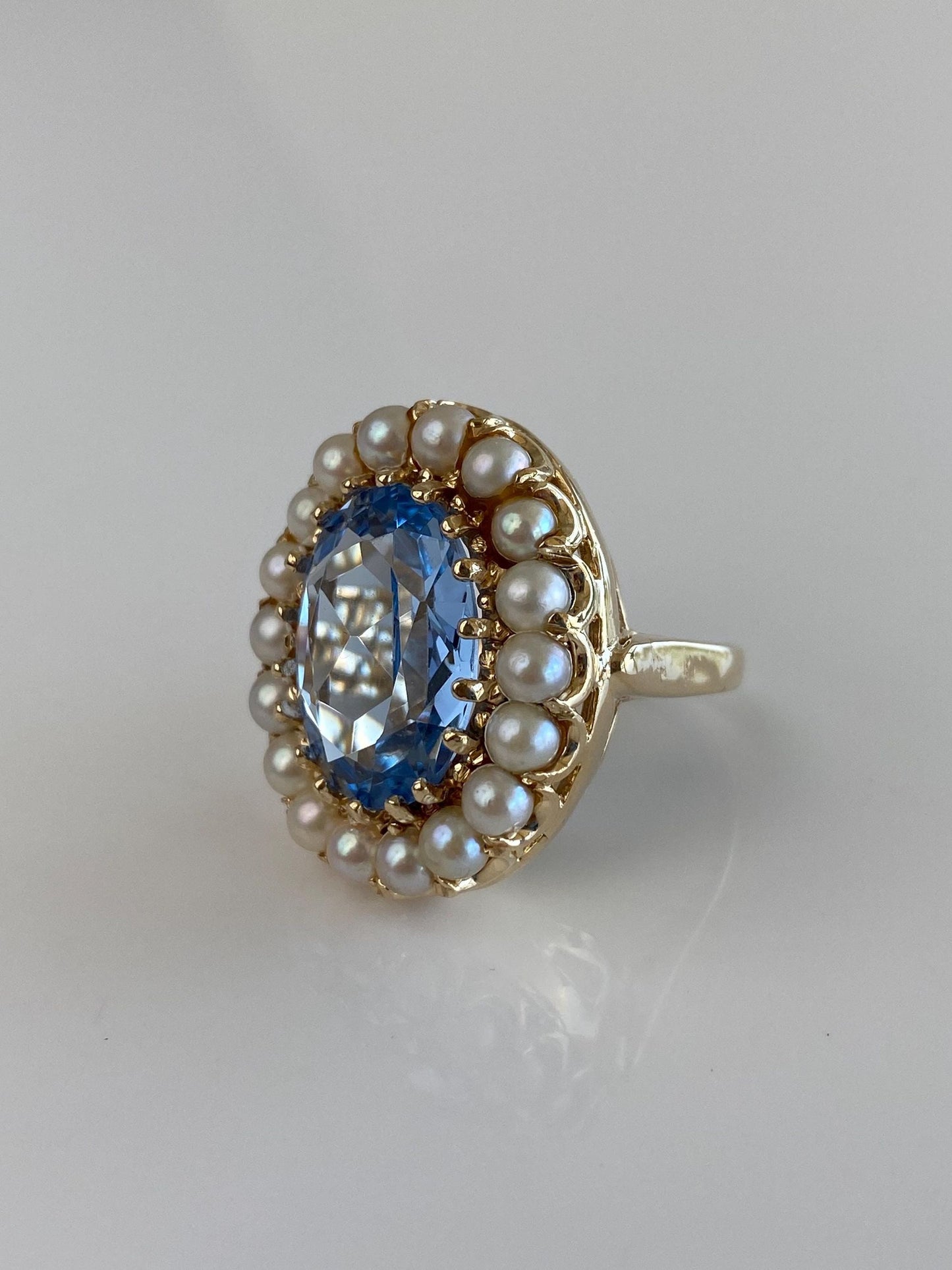 Vintage Solid 14k Yellow Gold Pearl Halo Topaz Ring - Size 6.75