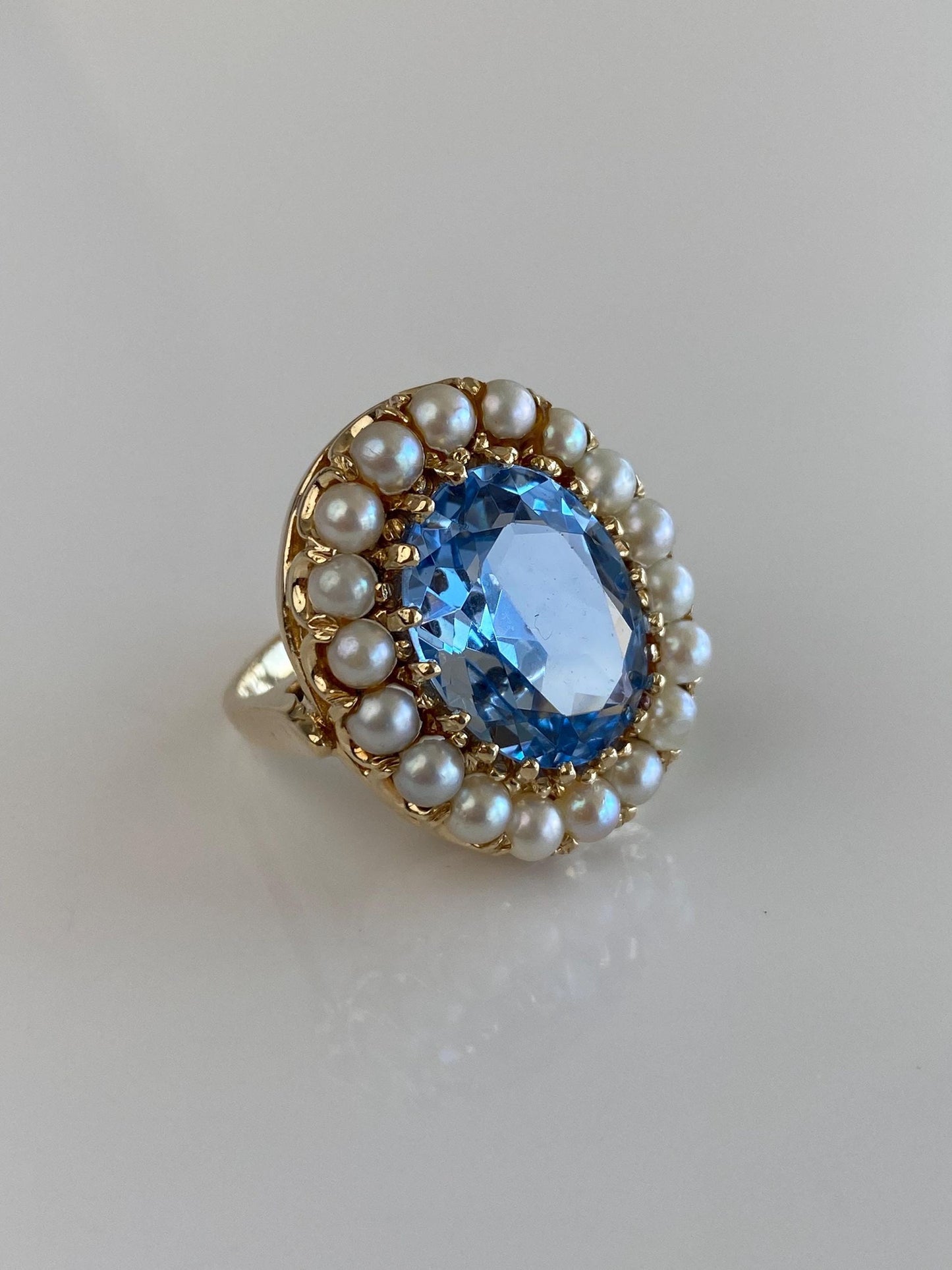 Vintage Solid 14k Yellow Gold Pearl Halo Topaz Ring - Size 6.75