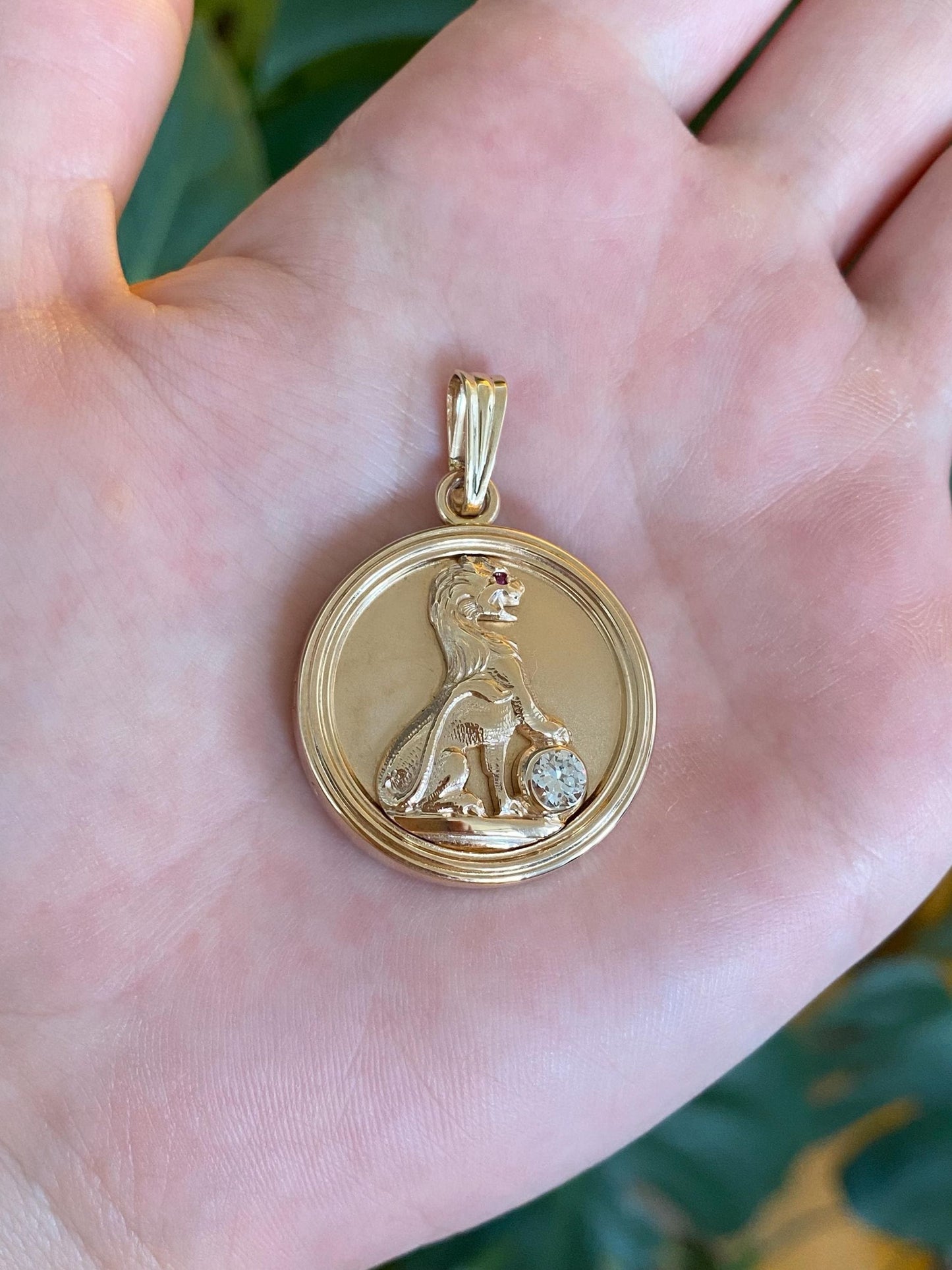 Vintage Solid 14k Yellow Gold Diamond Pink Sapphire Eye Lion Locket Charm