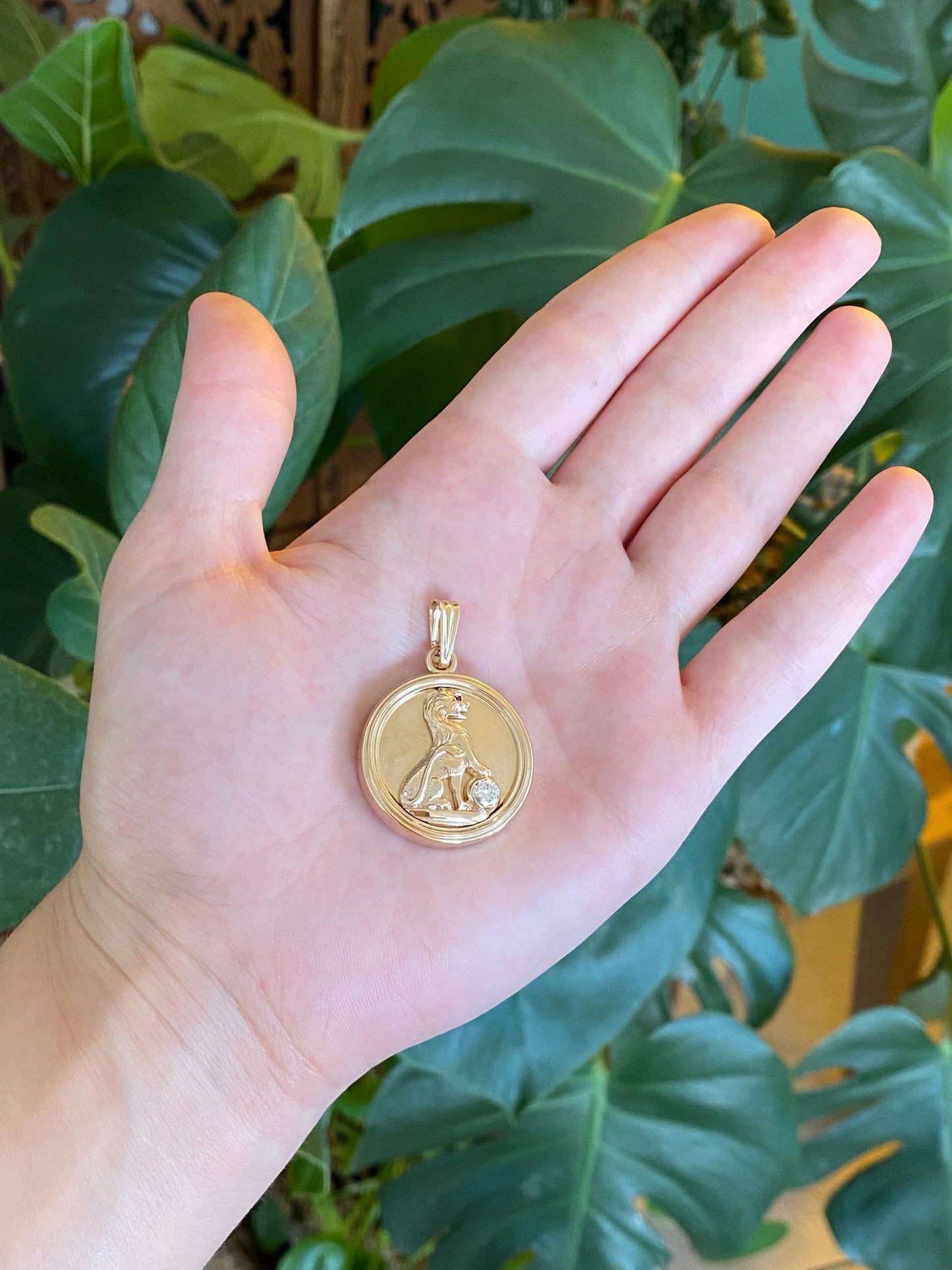 Vintage Solid 14k Yellow Gold Diamond Pink Sapphire Eye Lion Locket Charm