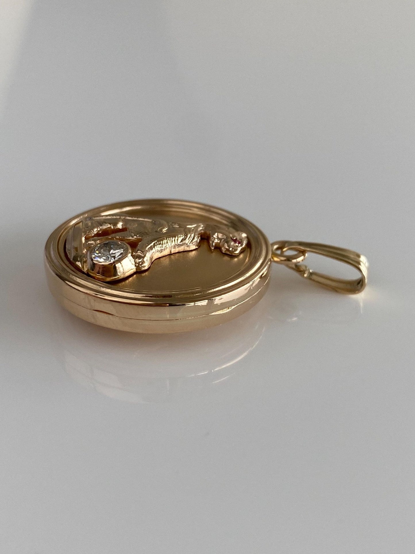 Vintage Solid 14k Yellow Gold Diamond Pink Sapphire Eye Lion Locket Charm