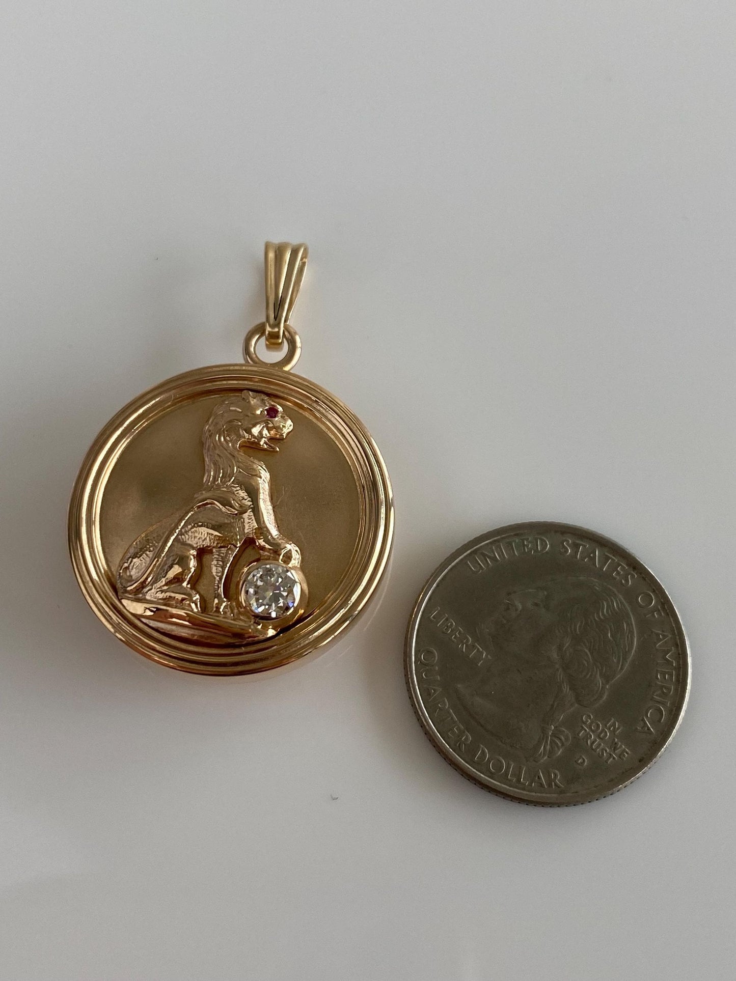 Vintage Solid 14k Yellow Gold Diamond Pink Sapphire Eye Lion Locket Charm