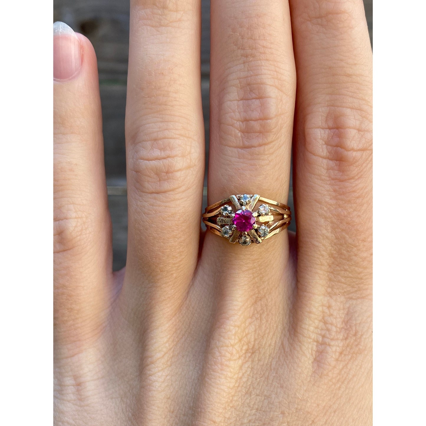 Vintage Solid 10k Yellow Gold Pink Spinel Clear Quartz Halo Ring - Size 5.75