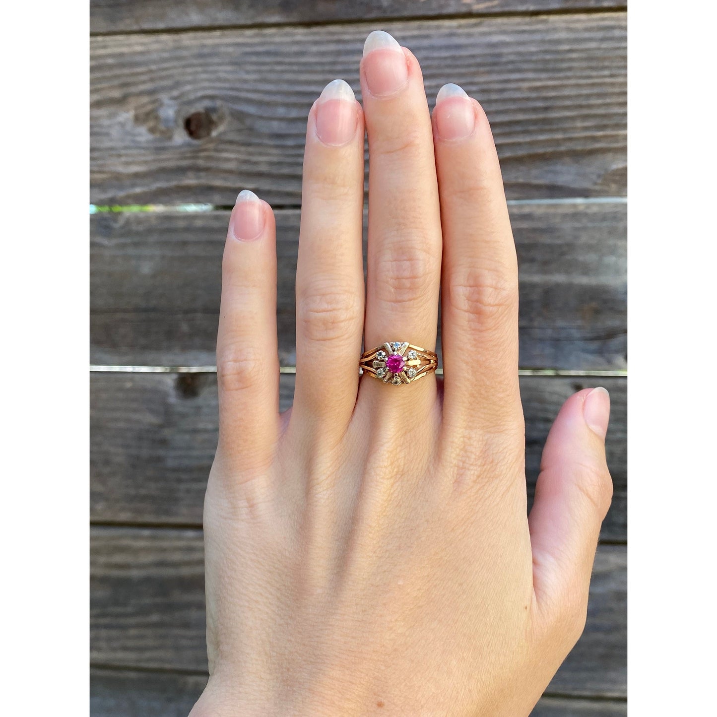Vintage Solid 10k Yellow Gold Pink Spinel Clear Quartz Halo Ring - Size 5.75