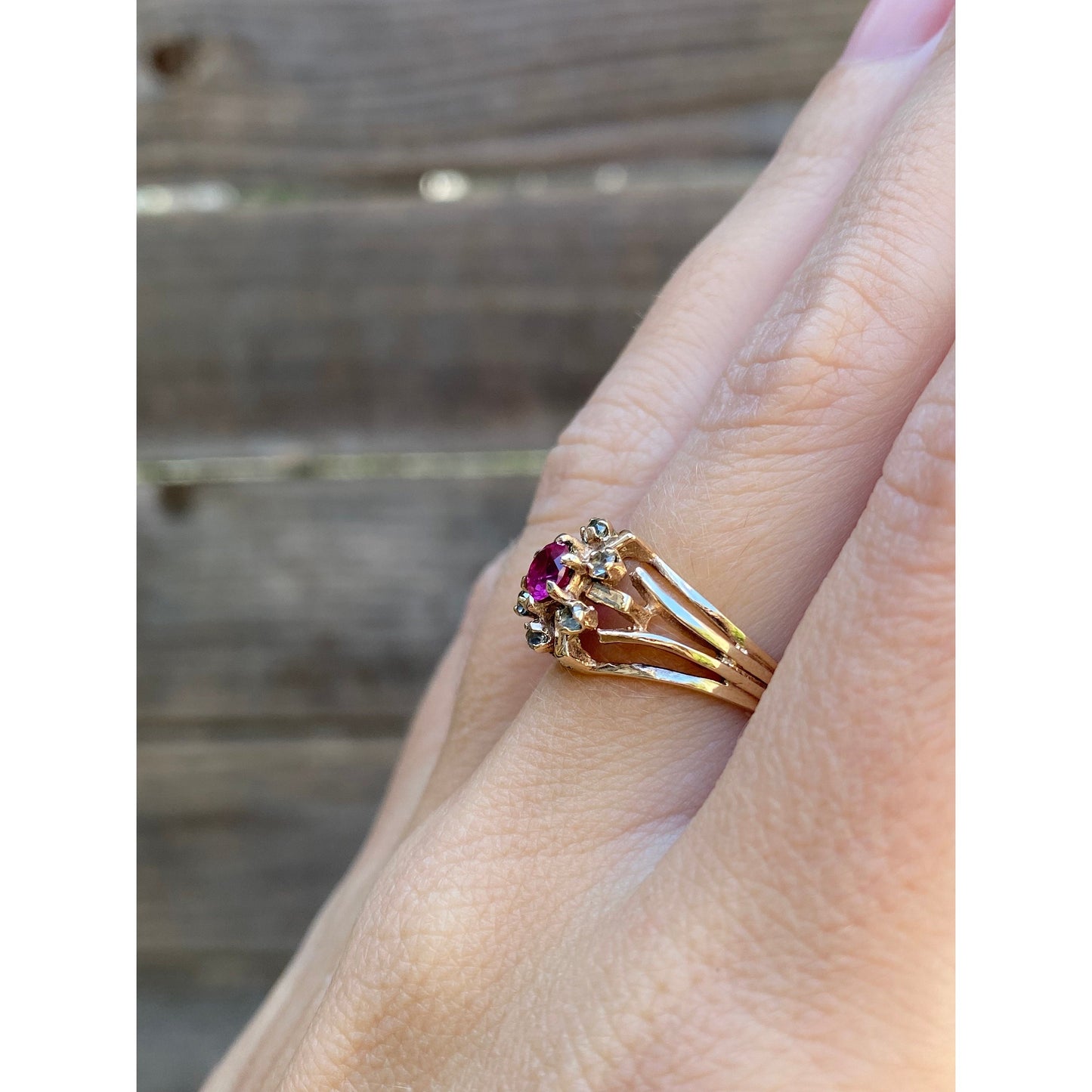 Vintage Solid 10k Yellow Gold Pink Spinel Clear Quartz Halo Ring - Size 5.75