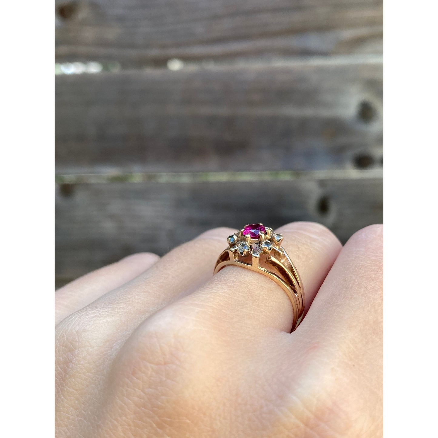 Vintage Solid 10k Yellow Gold Pink Spinel Clear Quartz Halo Ring - Size 5.75