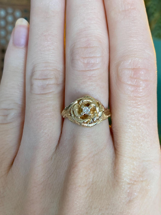 Vintage Solid 14k Yellow Gold Diamond Rose Ring - Size 6.25