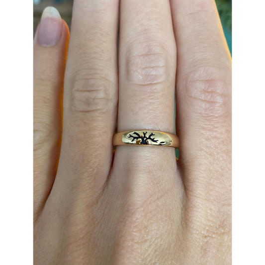 Vintage Solid 14k Yellow Gold Enamel Tree of Life Ring Band - Size 6.75