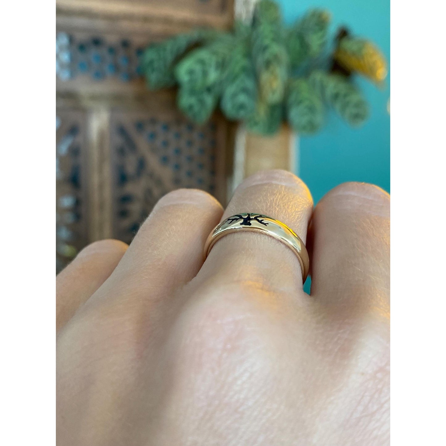 Vintage Solid 14k Yellow Gold Enamel Tree of Life Ring Band - Size 6.75