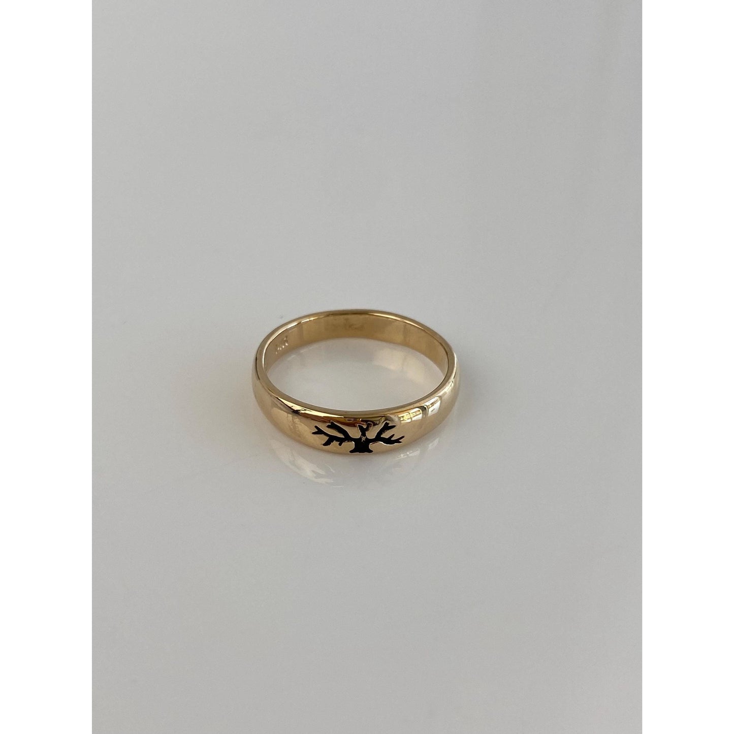 Vintage Solid 14k Yellow Gold Enamel Tree of Life Ring Band - Size 6.75