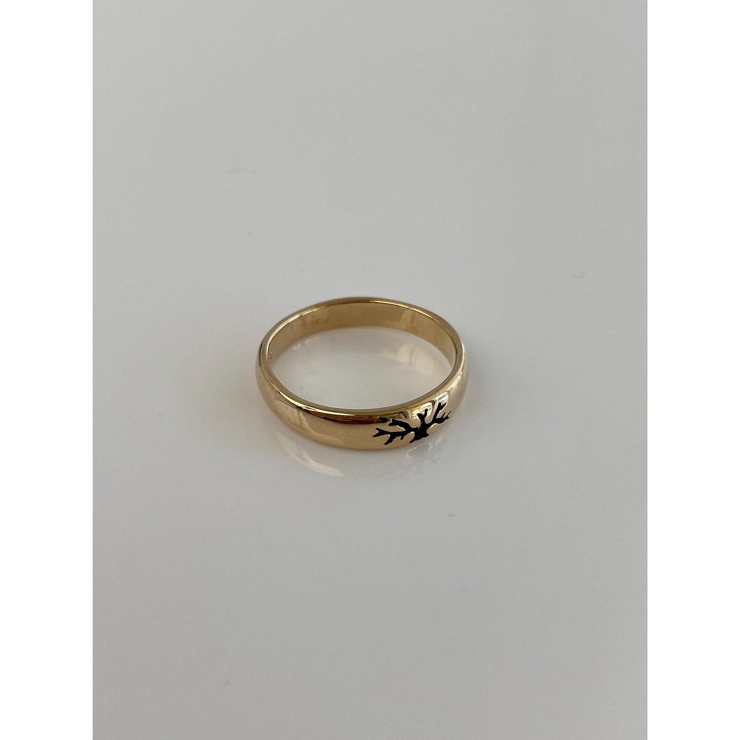 Vintage Solid 14k Yellow Gold Enamel Tree of Life Ring Band - Size 6.75